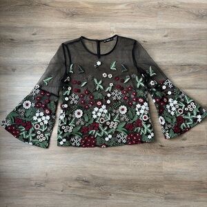 Black floral embroidered bell sleeve top